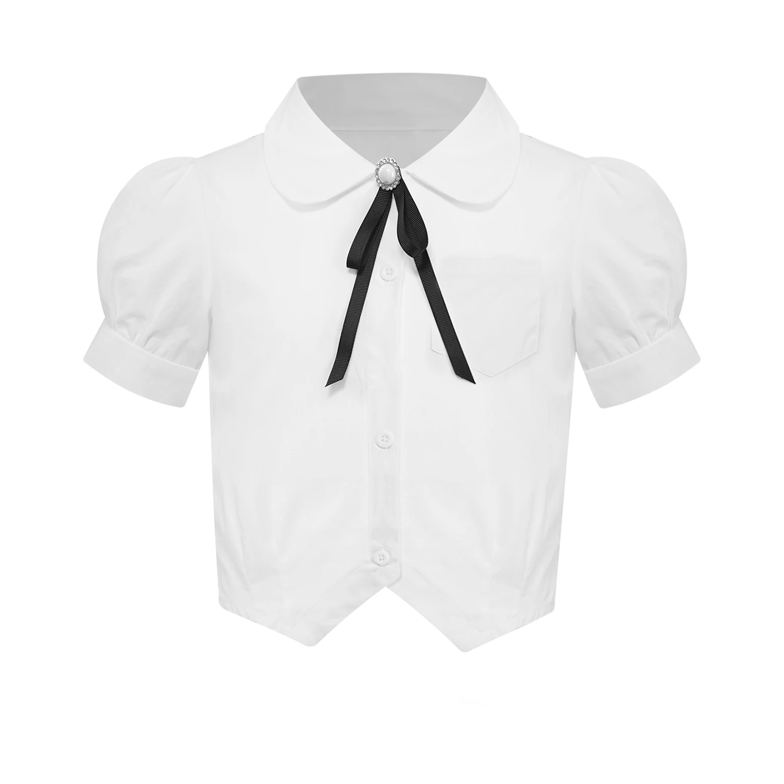 White Cute Uniform Shirts for Big Girls Short Puff Sleeves School Uniform Blouse Princess Turn-Down Collar Bowknot Button Tops