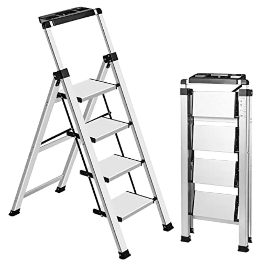 Ladder, Retractable Handgrip Folding Step Stool with Anti-Slip Wide Pedal, Aluminum Stool Ladders s, 330lbs Safety Household La
