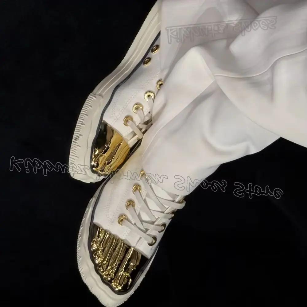Five Finger Toe Canvas Shoes Golden Brass Lace-Up Flat with Fashion Sexy Novelty Concise Luxury Women Shoes Newest Runway Show