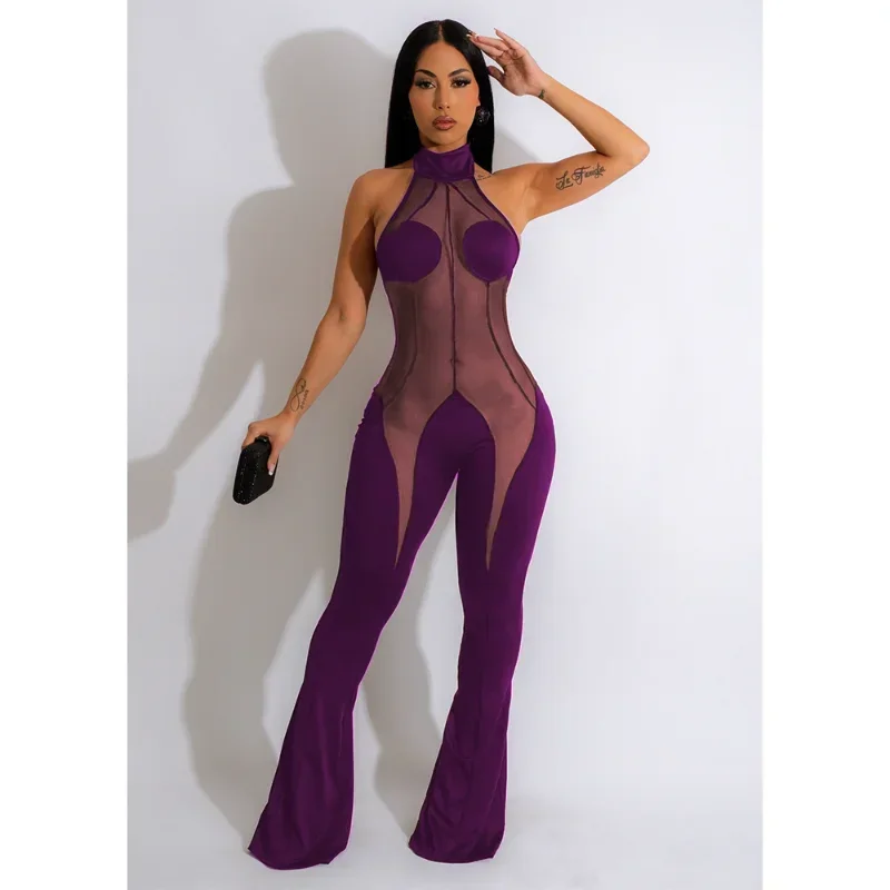 

KEXU Sheer Mesh Jumpsuits for Women Sleeveless Halter Backless Party Club Sexy Jumpsuit Flare Pants Skinny Bodycon Overalls