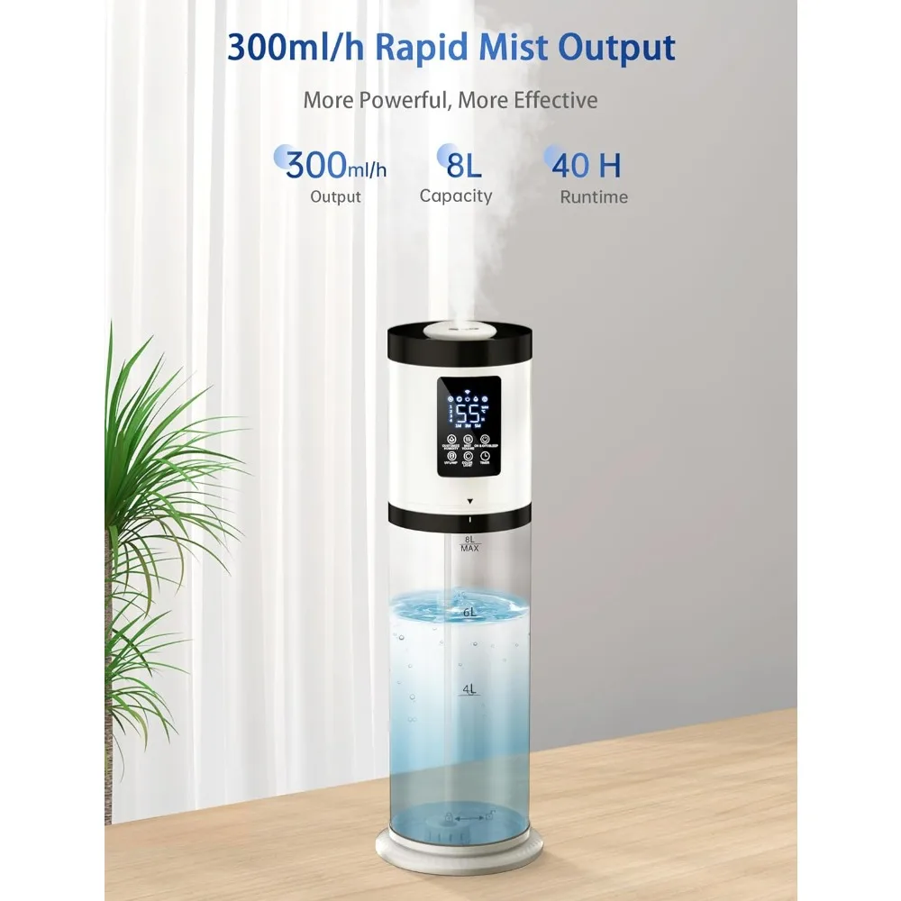 2023 New Humidifiers for Bedroom,300ml/h Rapid Mist,8L Cool Mist Humidifiers, 7 Color Ambient Light, with Essential Oil Diffuser