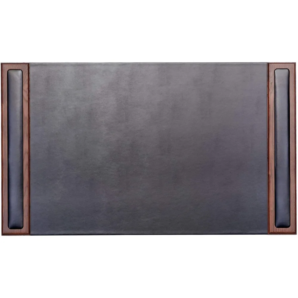 Wood & Leather Pad with Side Rails Luxury Leather Desk Blotter for Writing, 34” x 20”, Walnut & Black