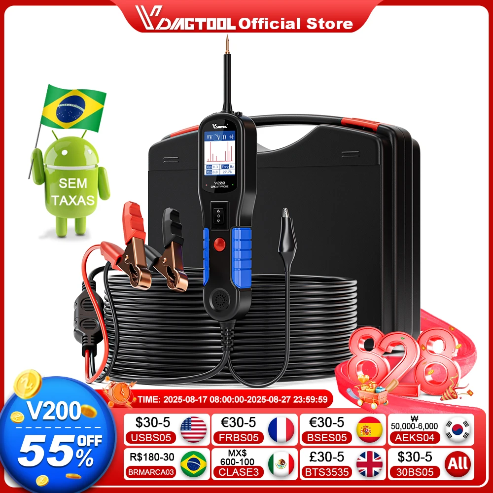 2025 VDIAGTOOL V200PRO 12/24V Sonda de circuito de alimentação de carro 40FT/12M Testador de circuito de cabo com relé/fusível Ferramentas de localização de disjuntor de teste