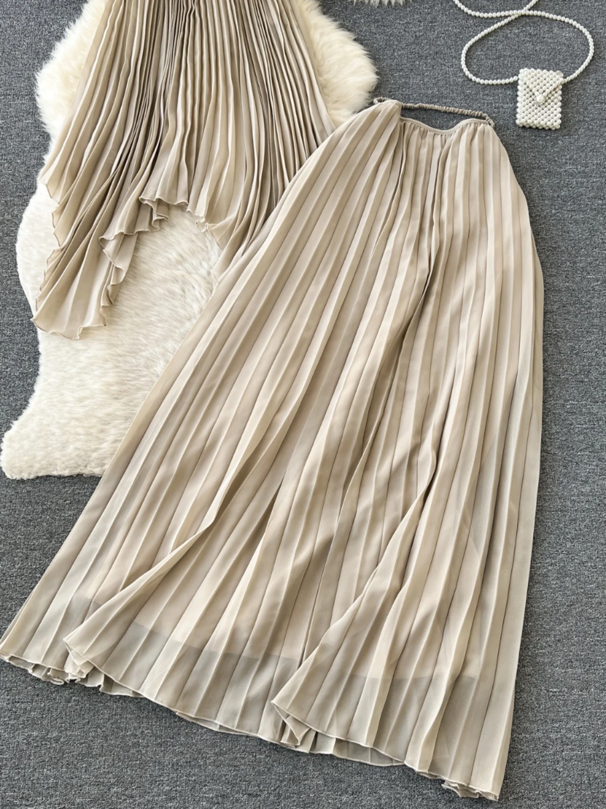 

Dopne Summer Beach Vaion Faion Set Women's High Waist Midi Skirt + ter Ne Pleated Vest Sli Ensemble