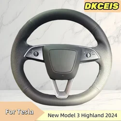 Car Steering Wheel Cover Faux Leather Breathable Black For Tesla New Model 3 Highland 2024  Steering Cross Wheel Braiding Cover
