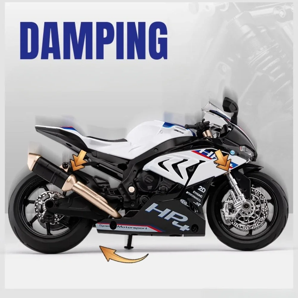 1:12 Scale BMW HP4 Motorcycle Model Car Toy Alloy Diecast Light Music Shock Absorption Motor Miniature Models Kids Birthday Gift