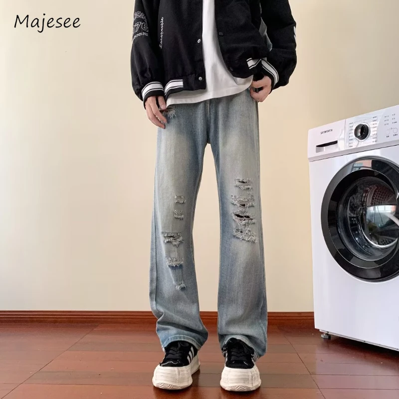 

Jeans Men High Street Casual Straight All-match Spring Autumn Hole Vintage Denim Trousers American Style Handsome Washed Daily