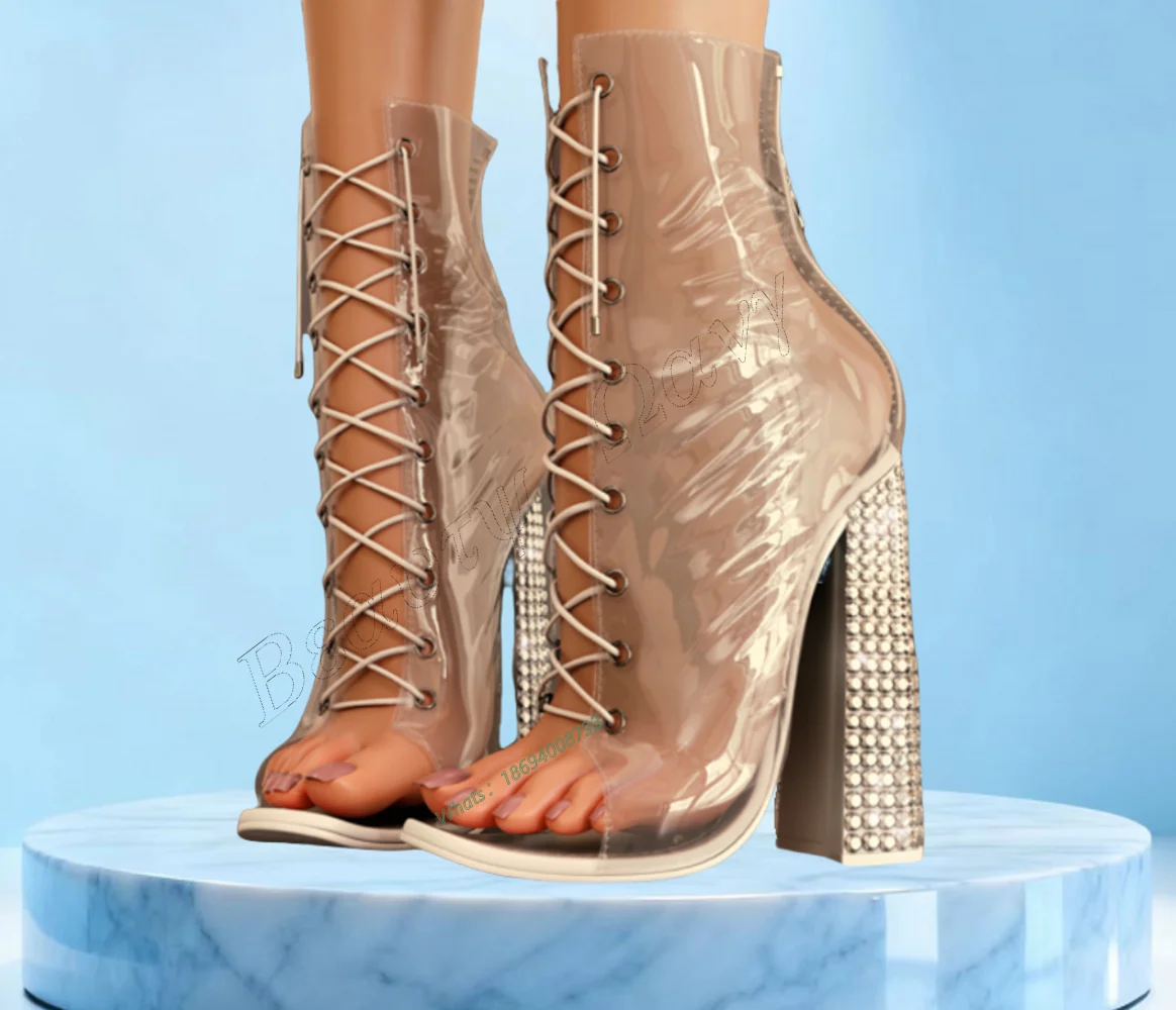 

Clear PVC Front Cross Tied Sandals Open Toe Lace up Round Toe Hollow Chunky High Shoes Sexy Women Shoes New Zapatos Para Mujere