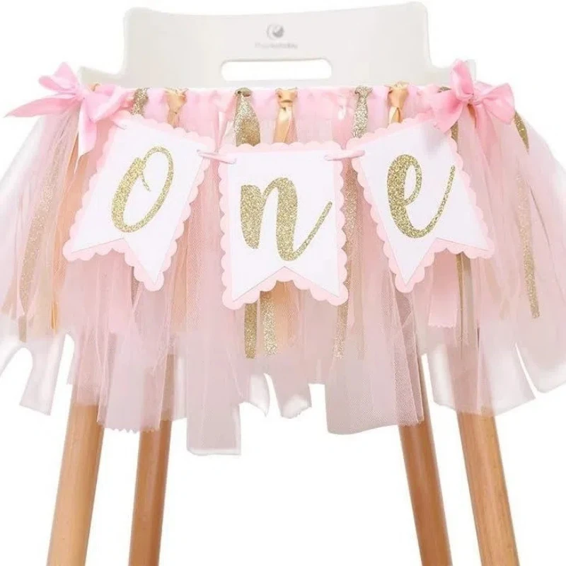 1PC First Kids Birthday Pink Bowknot Highchair Banner Baby Shower Girl One Highchair Garland