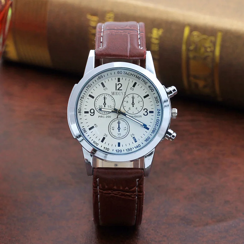 Montre étanche à trois yeux pour hommes et femmes, décoration en verre bleu, ceinture à la mode, cadeau