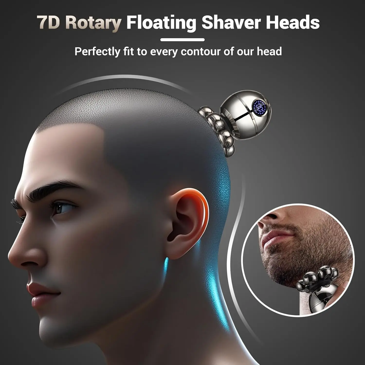 7D Bald Rotierender Rasierer für Herren, 360° °   Rasierer Typ C, kabelloses Laden, wasserdichter Nass-/Trockenrasierer, 5- und-1-Beauty-Kit-Rasierer