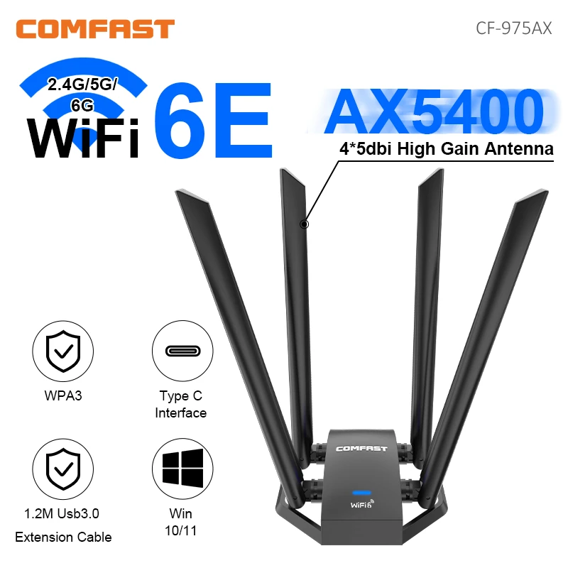 

Адаптер Comfast AX5400 Wi-fi 6E Usb 3,0, адаптер 5 ГГц/2,4 ГГц/6 ГГц, 4 антенны, Wi-fi 6 для ПК 802.11AX, сетевая карта, модем сети