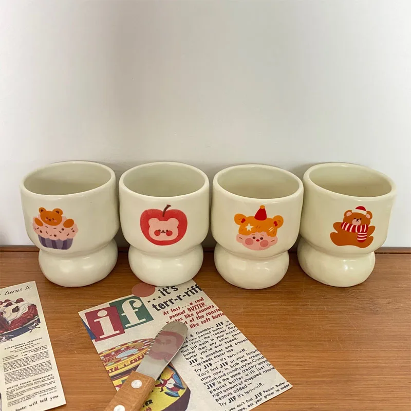 

TingKe Korean Style ins Internet Red Cartoon Bears Matte Ceramic Cup Modern Simple Shackless Household Mug Coffee Cup Set of 4