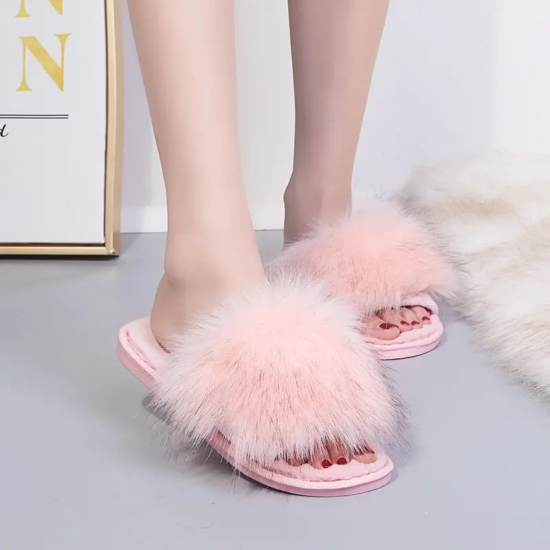 Thick Fluffy Fur Slippers Women 2023 New Winter House Warm Furry Slippers Women Flip Flops Home Slides Flat Indoor Floor Shoes