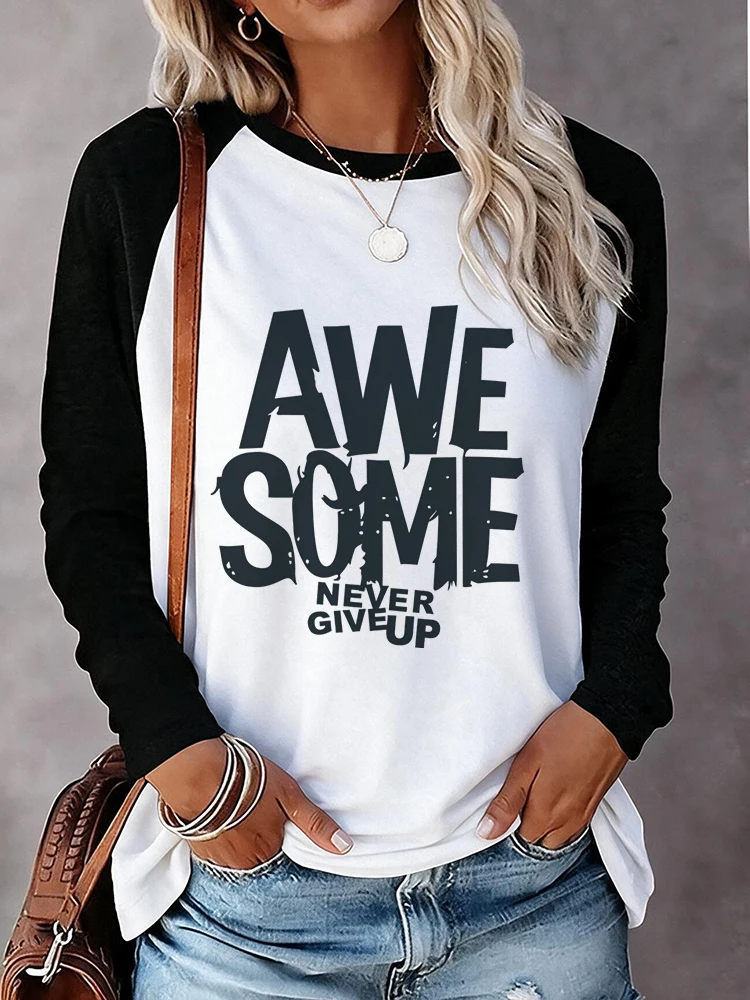 T-shirt graphique pour femme à manches longues raglan, imprimé "Awe Some and Never Give Up", style décontracté Y2k, vêtements vintage.