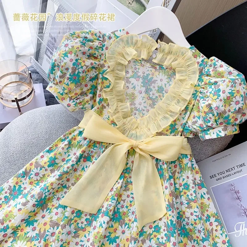In-stock Girls' Summer Dress23022New Romantic Style Backless Heart-shaped Floral Dress Little Girl Princess Dress