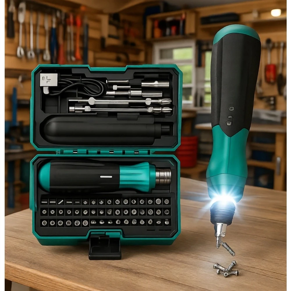 

4V Rechargeable Cordless Electric Screwdriver Kit with 51 Bits LED Bidirectional USB Charge Case for Home Repair