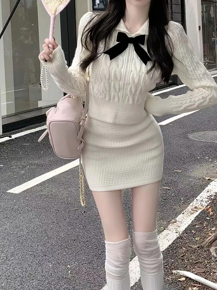 2023 Spring Grey Sweater Knitted Suits Women Casual Long Sleeve Bow Y2k Mini Dress Female 2 Piece Set Korea Fashion Chic Outwear