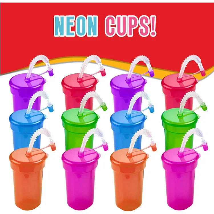 Neon Sipper Cups Reusable Spill-Proof Drinking Cups with Lids and Straws for Birthday Party Travel Xmas Juice Mug Water Bottle