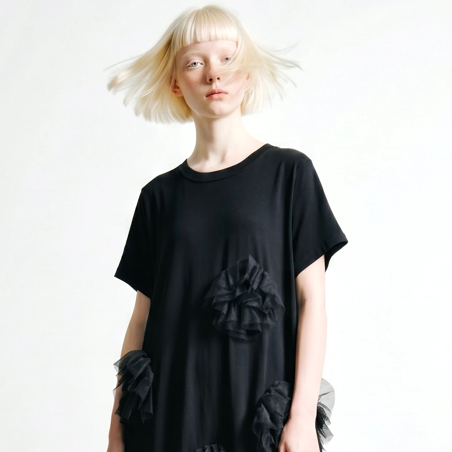 

imakokoni spring loose irregular pure cotton flower design medium long short sleeved skirt women's casual black dress 265432