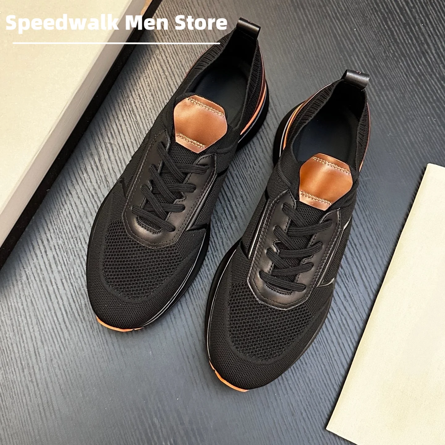 Men Premium All Season Knitted Leather Patch Sneakers Lace Up Cushioned Thick Sole Color Block Urban Daily Walking Trainers