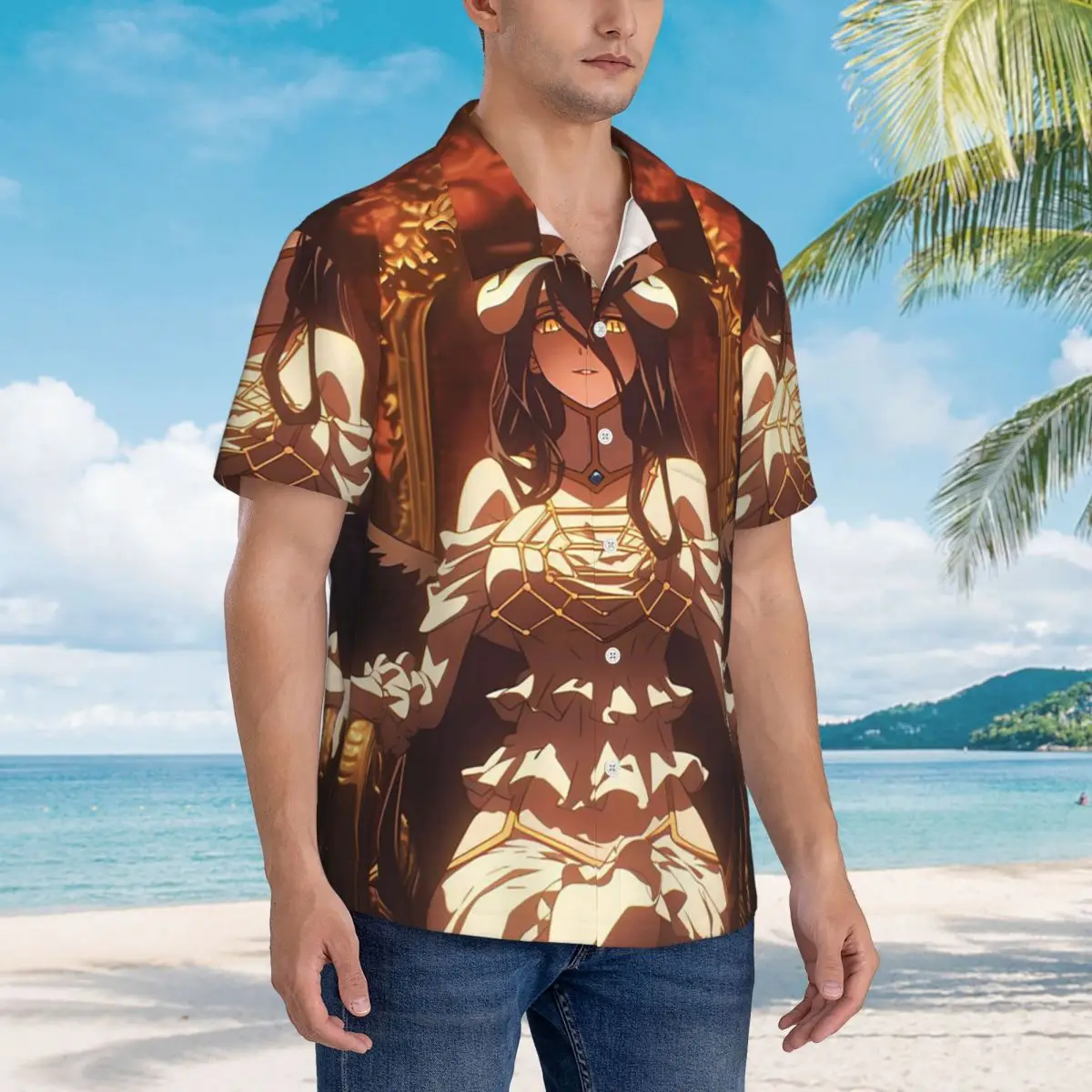 

Adventure Anime Albedo Overlord Hawaiian Shirts Casual Men Short Sleeve Shirt for Summer Beach Men's Lapel Tops