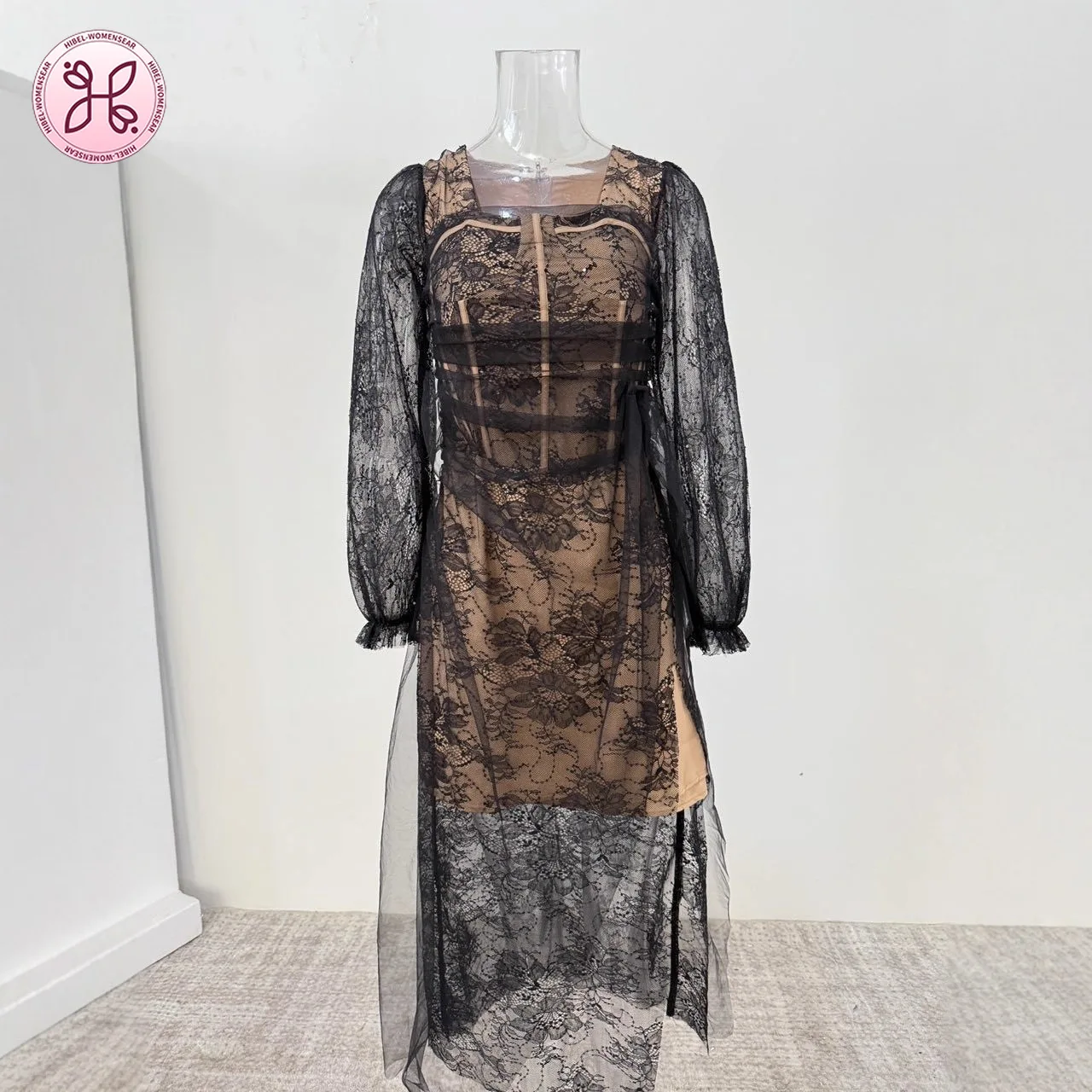 فستان دانتيل مشد فاخر - فستان ماكسي شبكي شفاف بأكمام طويلة (ملابس رسمية للسهرة الأنيقة للنساء) #1