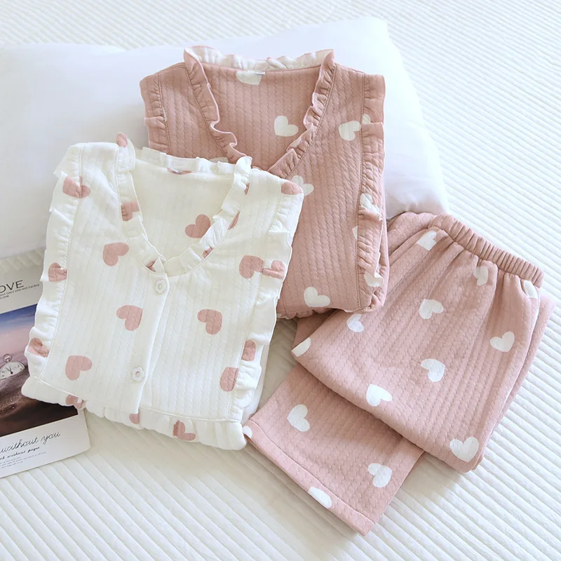 Fdfklak Pijama suelto de manga larga para mujer, conjunto de pijamas 100% de algodón para mujer, ropa de dormir, ropa de casa, salón para dormir,