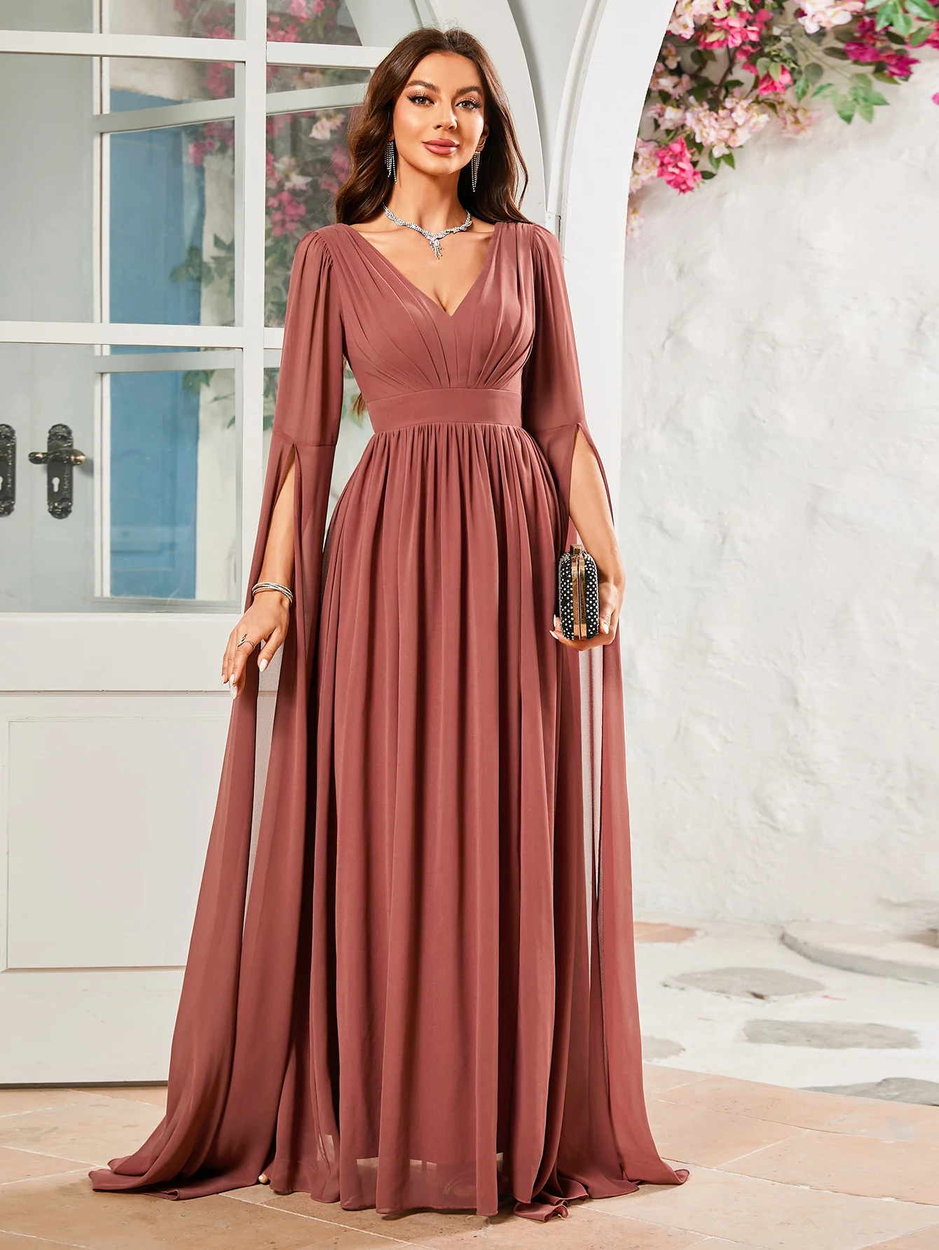 Unithorse Long Sleeve, V-Neck, Ruffled Details And High Slit Chiifon Dress