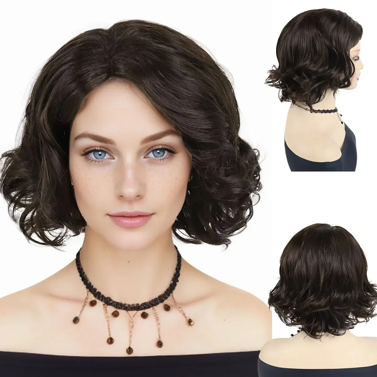 Synthetic Brown Curly Wigs for Women Short Hair with Bangs Wig Natural Hairstyles Mother Gifts Mommy Wigs Wave Casual Daily Wear