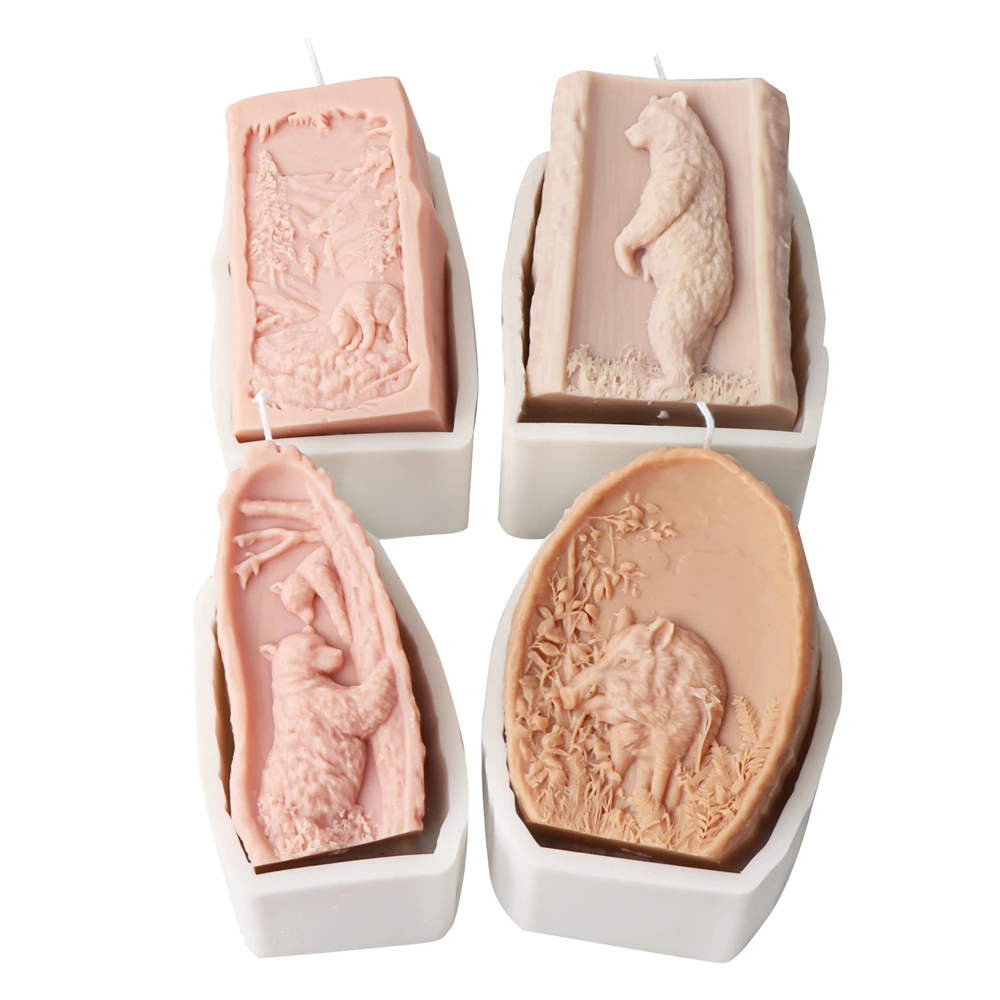 Flat Embossed Wild Animal Boar Silicone Candle Mold Forest Bear Plaster Resin Casting Home Decor Tools Gypsum Soap Making Mould