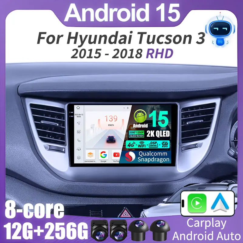 Android 15 Carplay For Hyundai Tucson 3 2015 2016 2017 2018 RHD Player Auto GPS Car Radio 5GWIFI 360 Camera Multimedia Stereo 4G