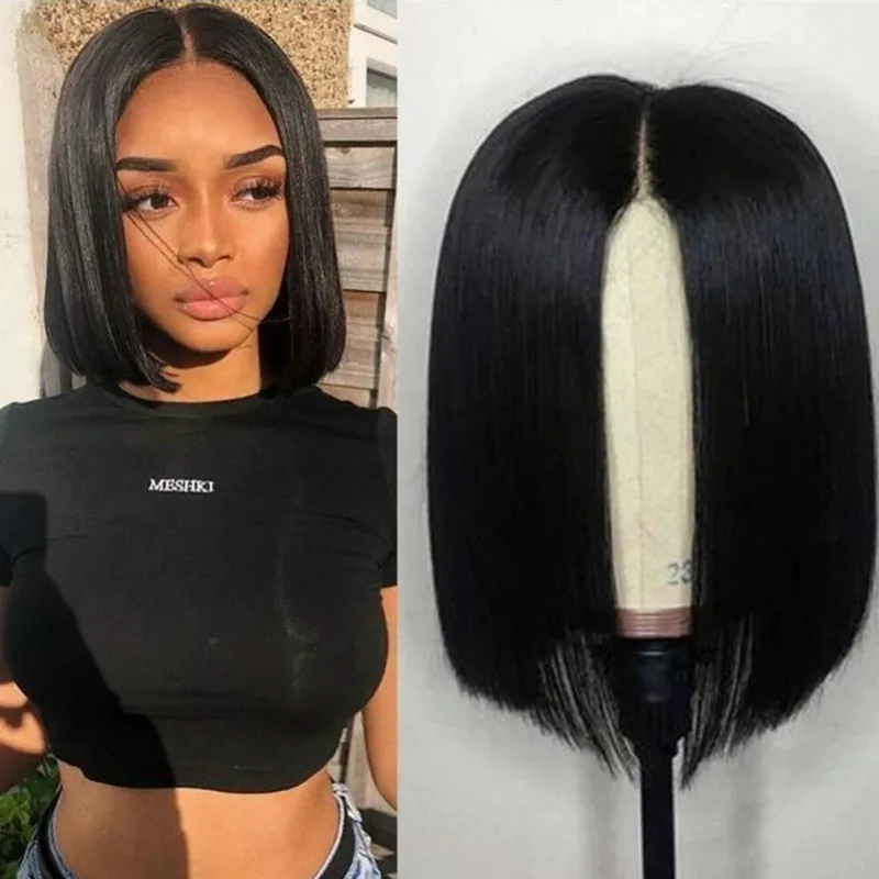 

African-style synthetic straight short hair wig for women, short bob cut with middle part and realistic scalp