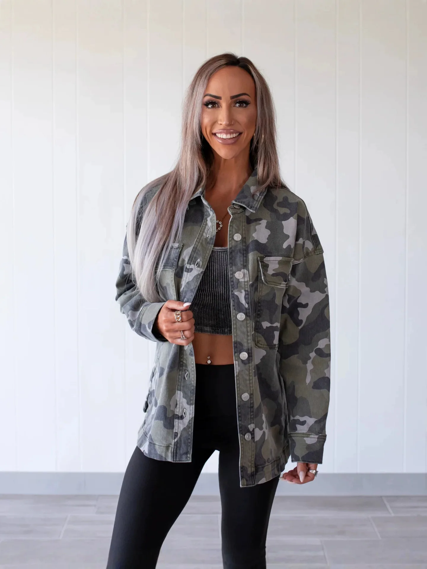 Women's Loose Fit Camouflage Print Long Sleeve Jacket Autumn Winter European American Fashion