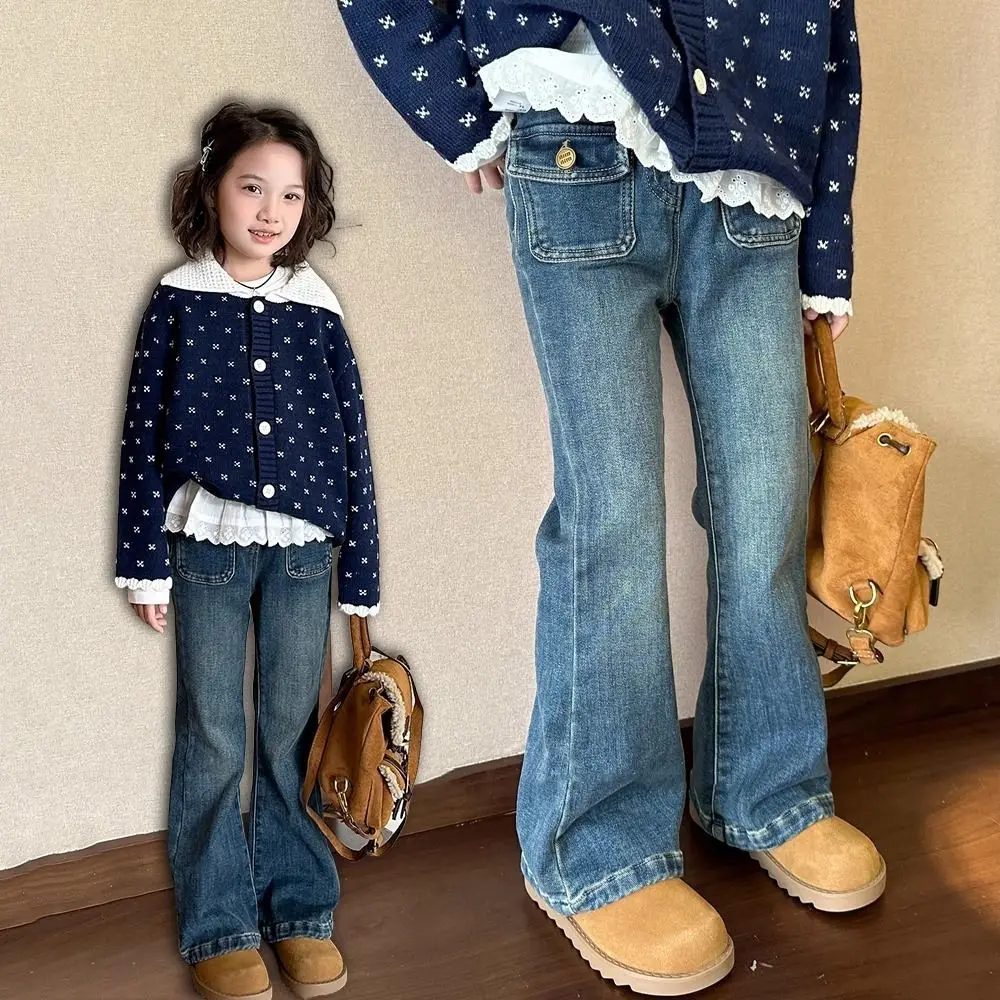 Girls Flare Jeans Korean Style Slim Fit Fleece Lined Autumn Winter Denim Pants Kids Students Casual Long Trousers