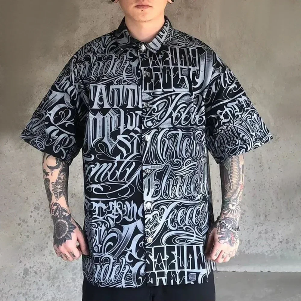 Y2k Casual Shirt 2024 Spring And Summer American Street Chicano Tattoo Graffiti Short-Sleeved Top Loose Fashion Elegant Shirt