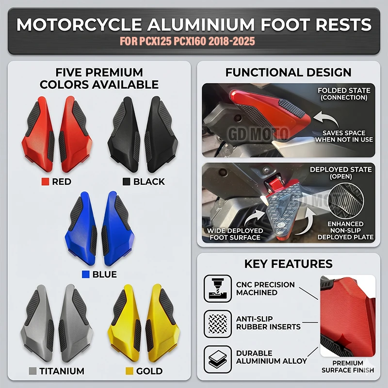 

Accessories For Honda PCX125 PCX160 PCX 125 160 2018-2025 Motorcycle Rear Passenger Footrest Footpegs Foot Rest Pegs Pedals Step