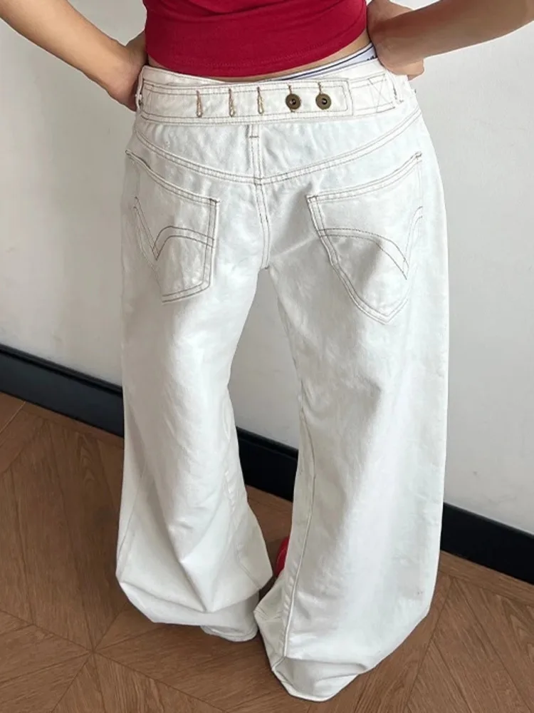 White Vintage Men's Washed Jeans Adjustable Waist Wide Leg Baggy Fit Streetwear Casual Premium Cotton Denim Pants 7F39
