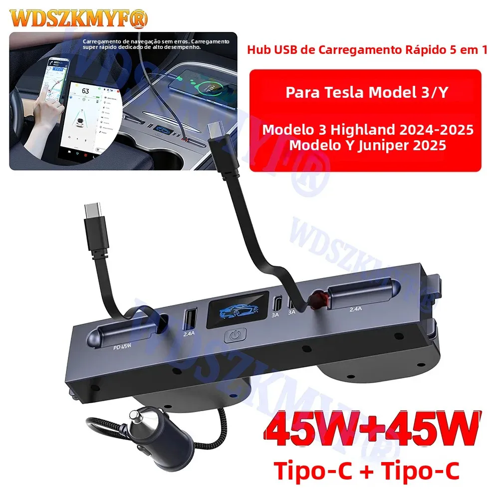 Para Tesla Novo Modelo Y Juniper 2025 e Modelo 3 Highland 2024, Hub de Expansão USB Tipo-C com Carregamento Rápido de 65W e 45W para Controle Central