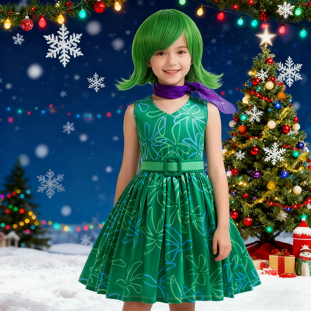 

Children's girly dresses Green Christmas Costume New Year Dress For Girls Party Dresses Kids Inside Out Disgust Cosplay Outfits