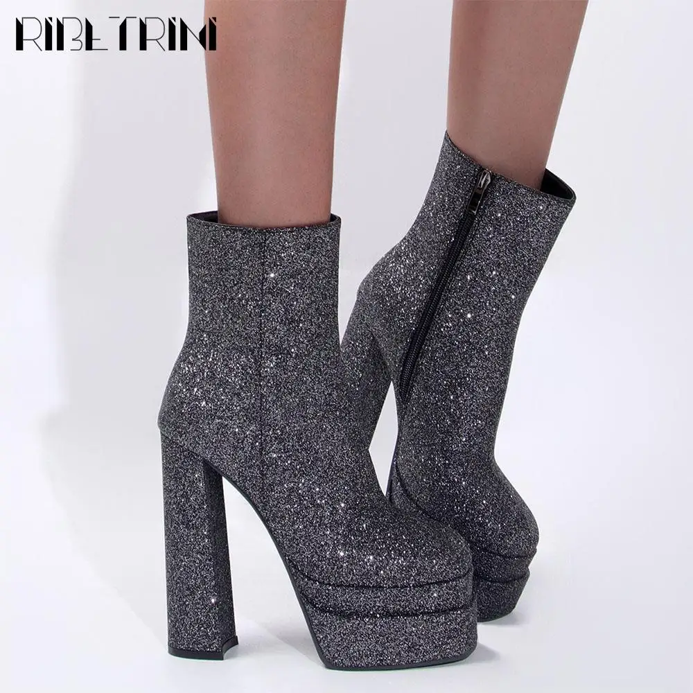 Glitter Bling Double Platform Women Boots Chunky High Heel Round Toe Ankle Shoes Woman Elegant Sexy Luxury Design Chelsea Boots