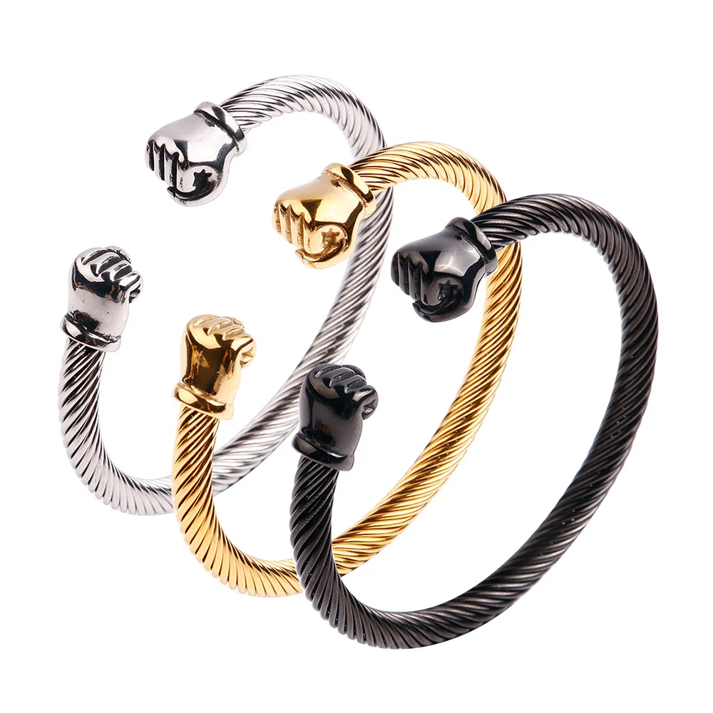 Punk Rock Stainless Steel Boxing Fist Open Cuff Bangle Bracelet for Men Charm Jewelry Black Gold Silver Color