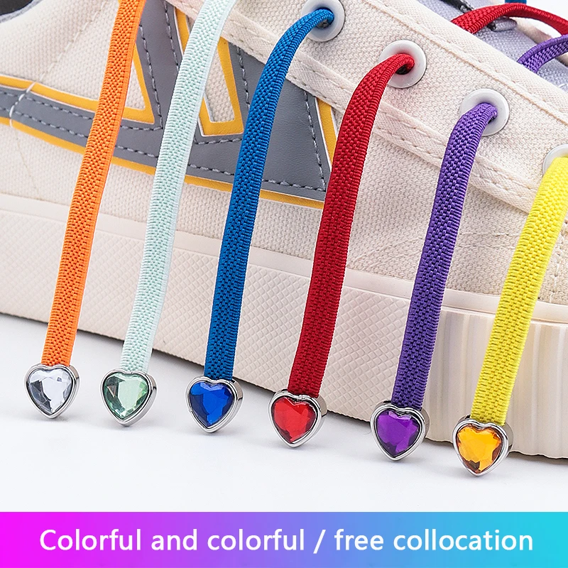 4PCS Heart Diamond Metal Shoe Buckle Flat Elastic Laces Sneakers Kids Adult Quick No Tie Shoelaces Lazy Rubber Bands Shoestrings