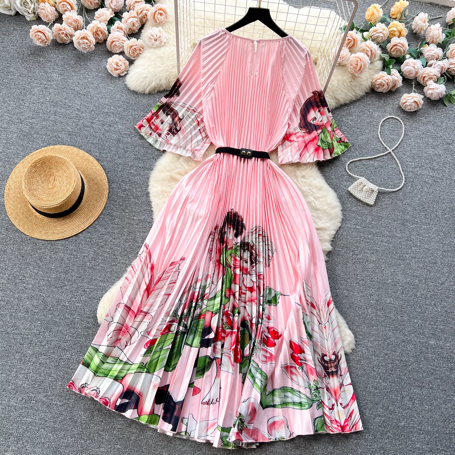 

French Senior Round Neck Short-Sleeved Printed Dress For Women Clothing Summer Waist Slimming Pleated Long Dresses Female Skirt