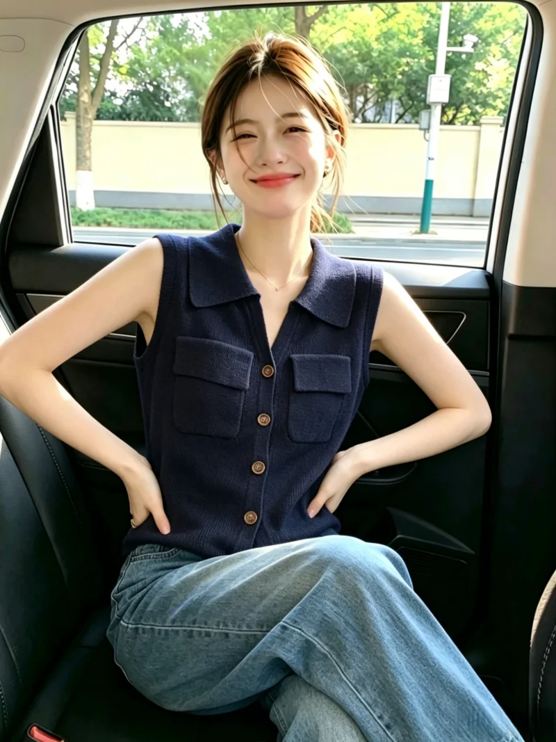 

Premium Knitted Pocket Vest Women's Summer Casual Sleeveless Top Self-Keeping Style Versatile Straight Cut Korean Version