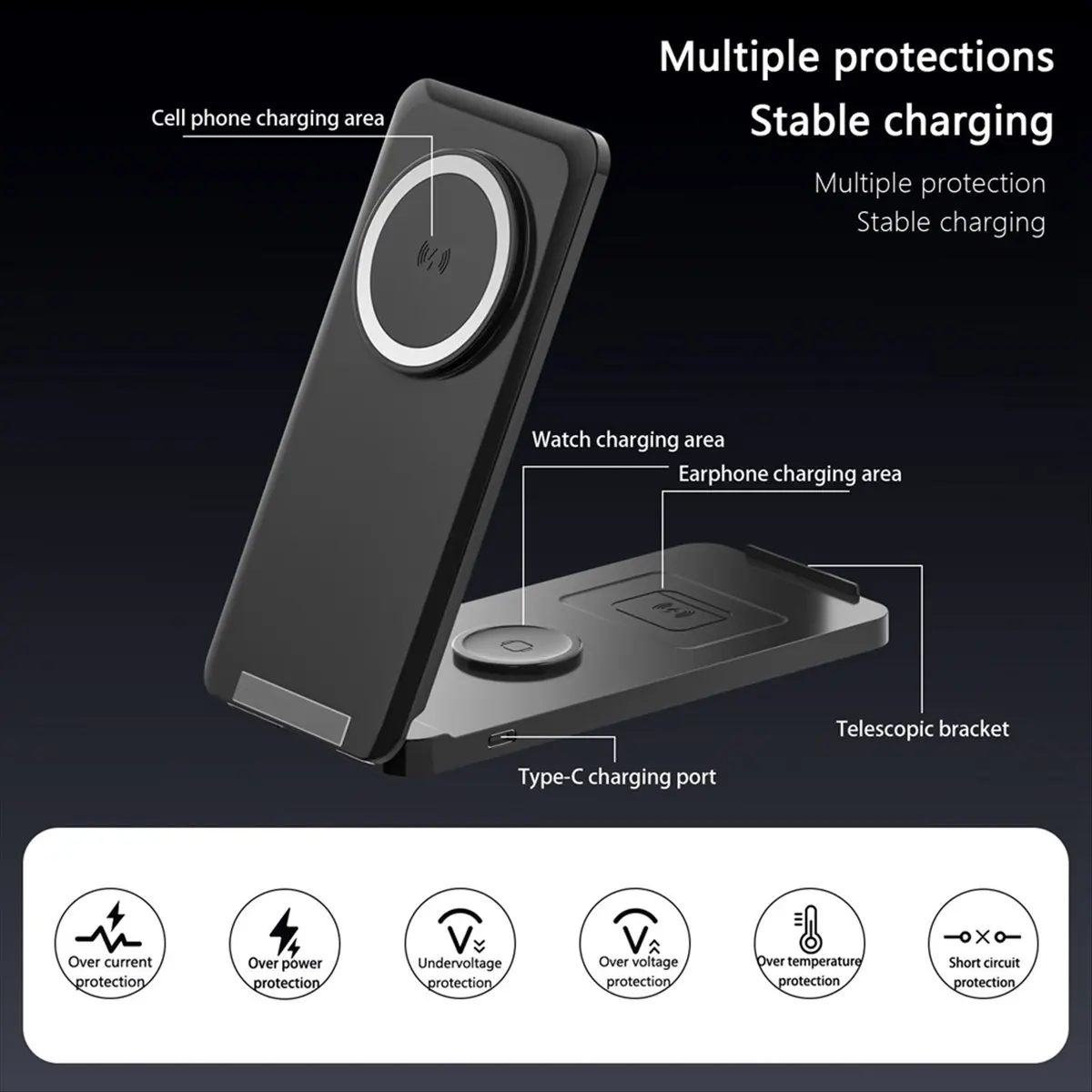 Can buy Foldable Multi-Functional Vertical Stand Magnetic Wireless Charger Suitable for Mobile Phones Watches Headphone Black