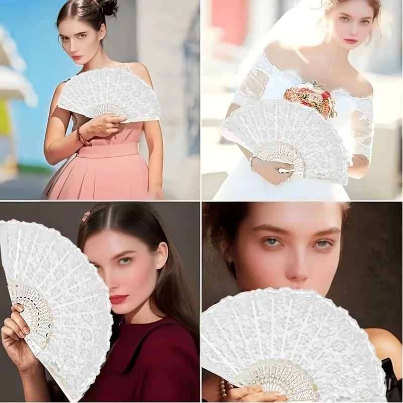 1pc/ 3pcs/5pcs/10pcswhite lace floral folding fans for wedding season, with white tassels, hanging decorative fans, perfect gift