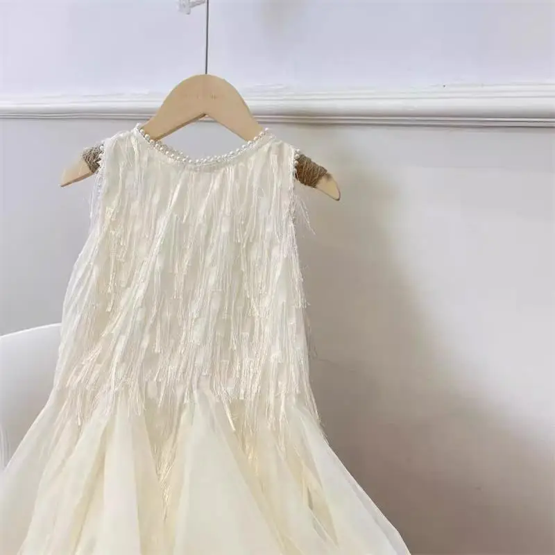 Summer New Little Girls Tassel Pearl Decorated Dress Children's Holiday Costume Birthday Party Princess Dress Kids Casual Outfit