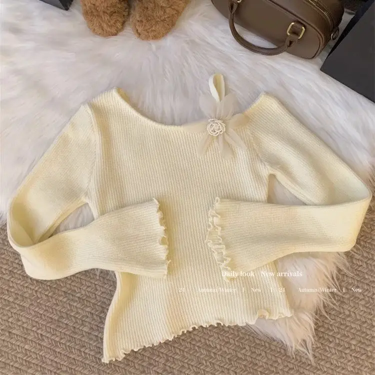 Korejpaa Base Pull Femme Spring Autumn 3D Flower Suspender Slanted Collar Off Shoulder Knitted Sweater Women Gentle Fungus Top