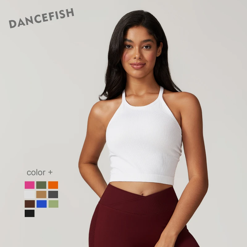 

DANCEFISH Women Rib Tight Seamless Easy Match Basic Top Quick Dry Exercise High-Intensity Running Beauty Back Fitness Yoga Vest